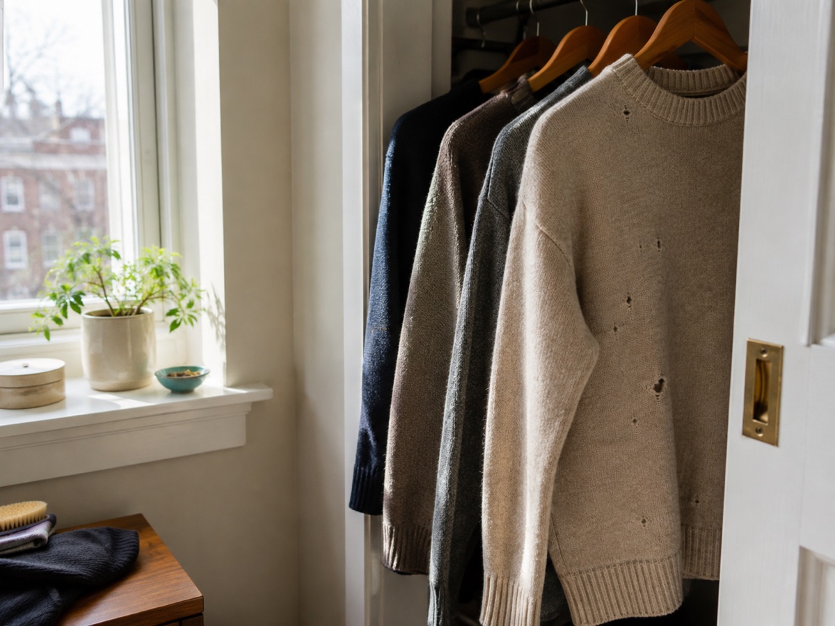 Illustrated closet inspection scene with damaged wool clothing near a window