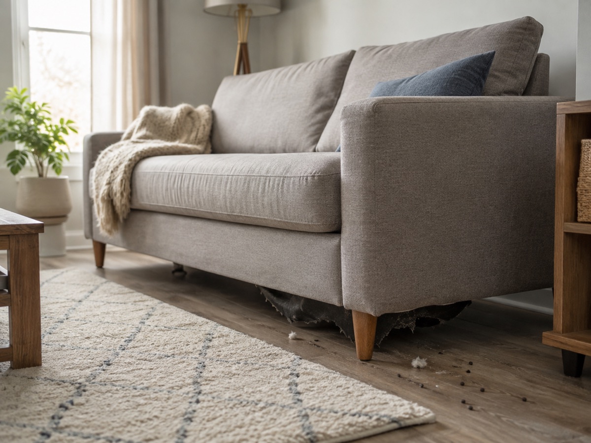 Illustrated living-room sofa inspection scene with torn lining and ambiguous pellets
