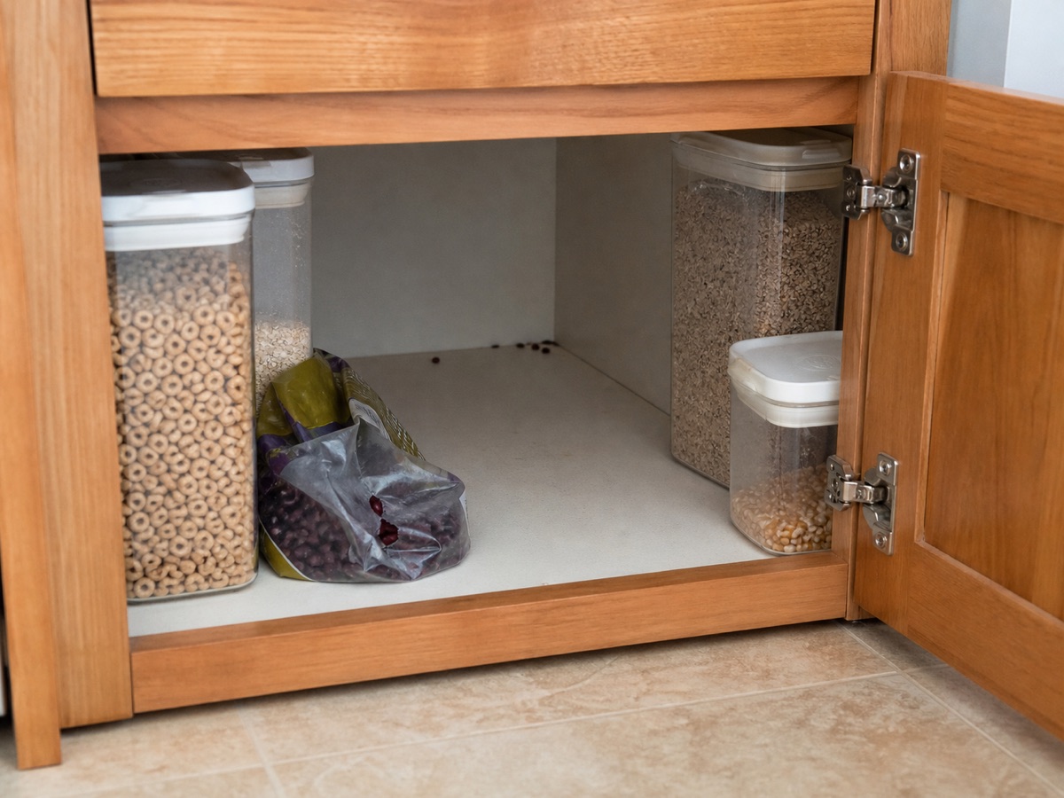 Illustrated cupboard inspection scene with food containers and ambiguous pellets