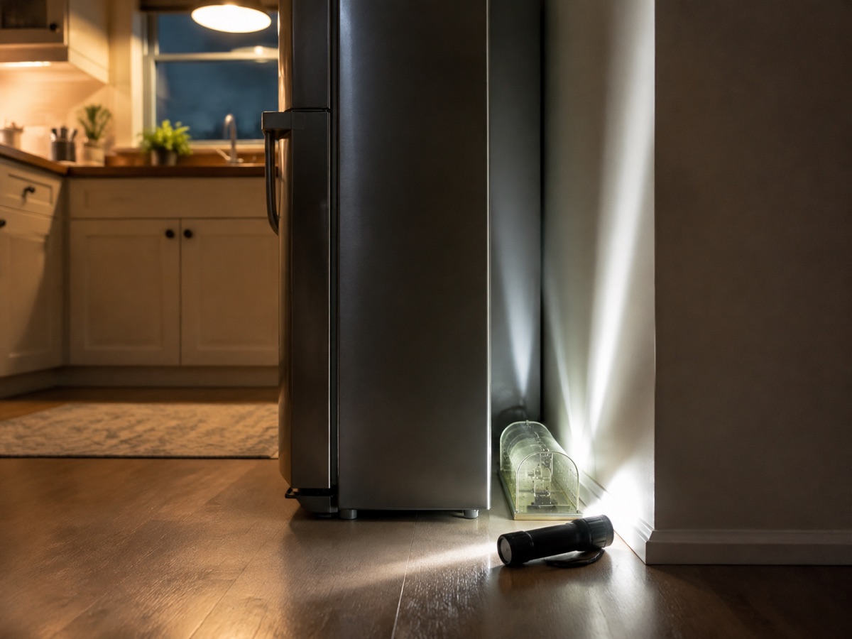Illustrated kitchen monitoring scene behind a refrigerator with no droppings visible
