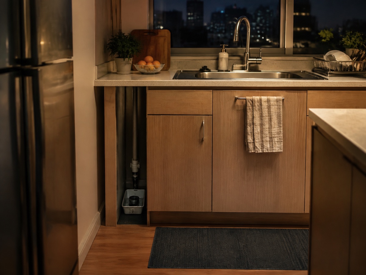 Illustrated apartment kitchen inspection scene near a sink and refrigerator