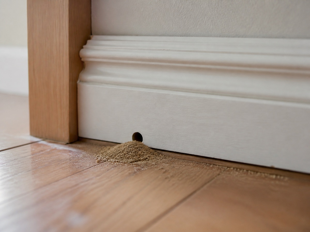 Illustrated inspection scene with an ambiguous granular pile below a baseboard opening