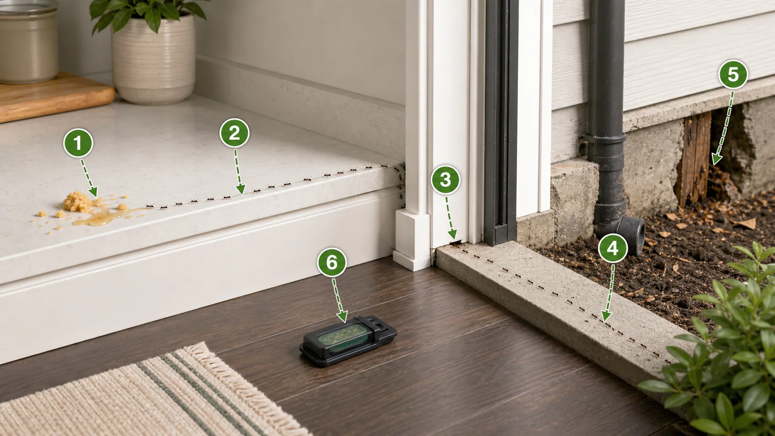 Diagram showing how to follow an indoor ant trail toward food, entry gaps, and possible outdoor source areas.