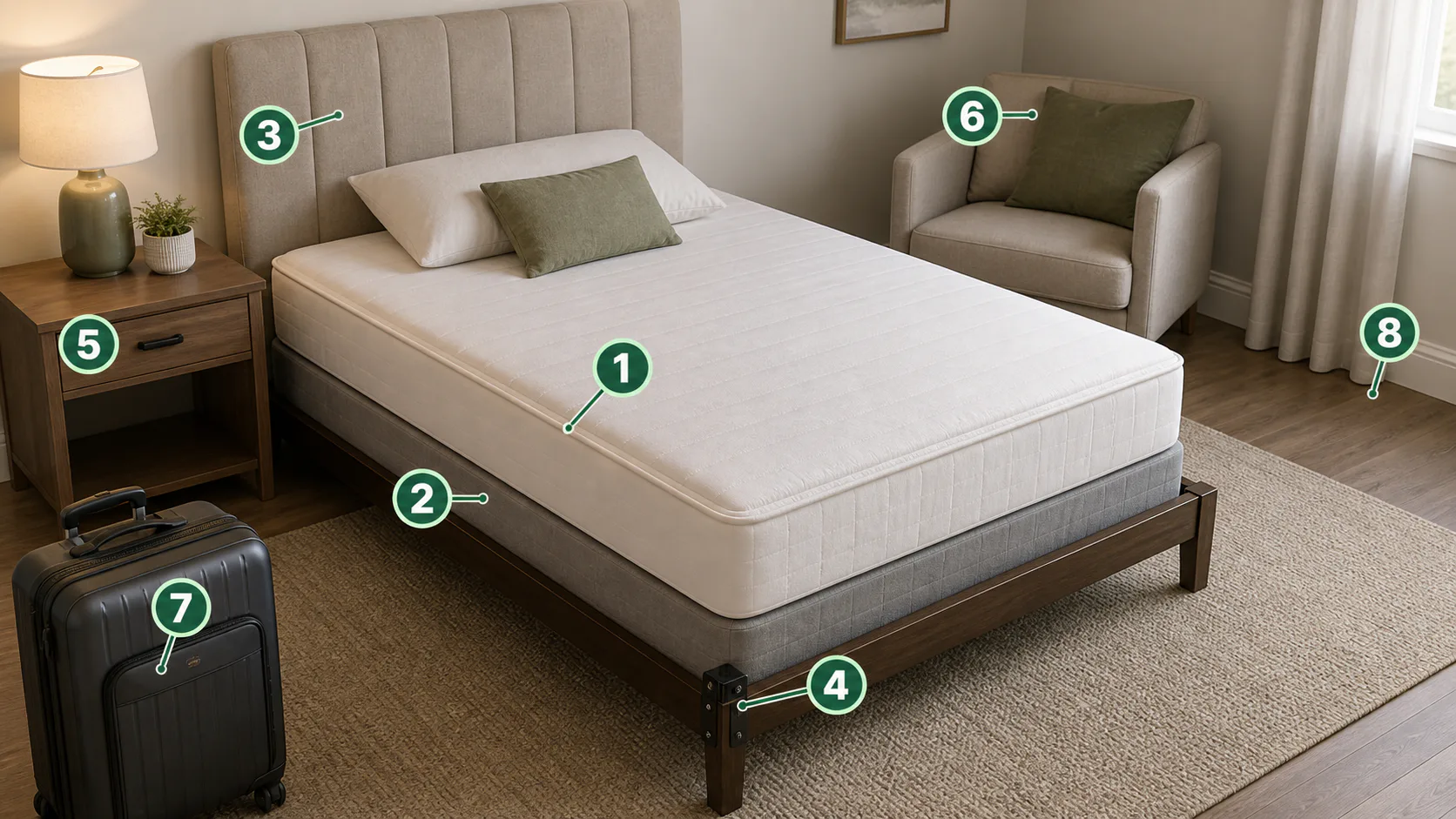 Diagram showing common places to inspect for bed bugs around a bed, nearby furniture, luggage, and baseboards.