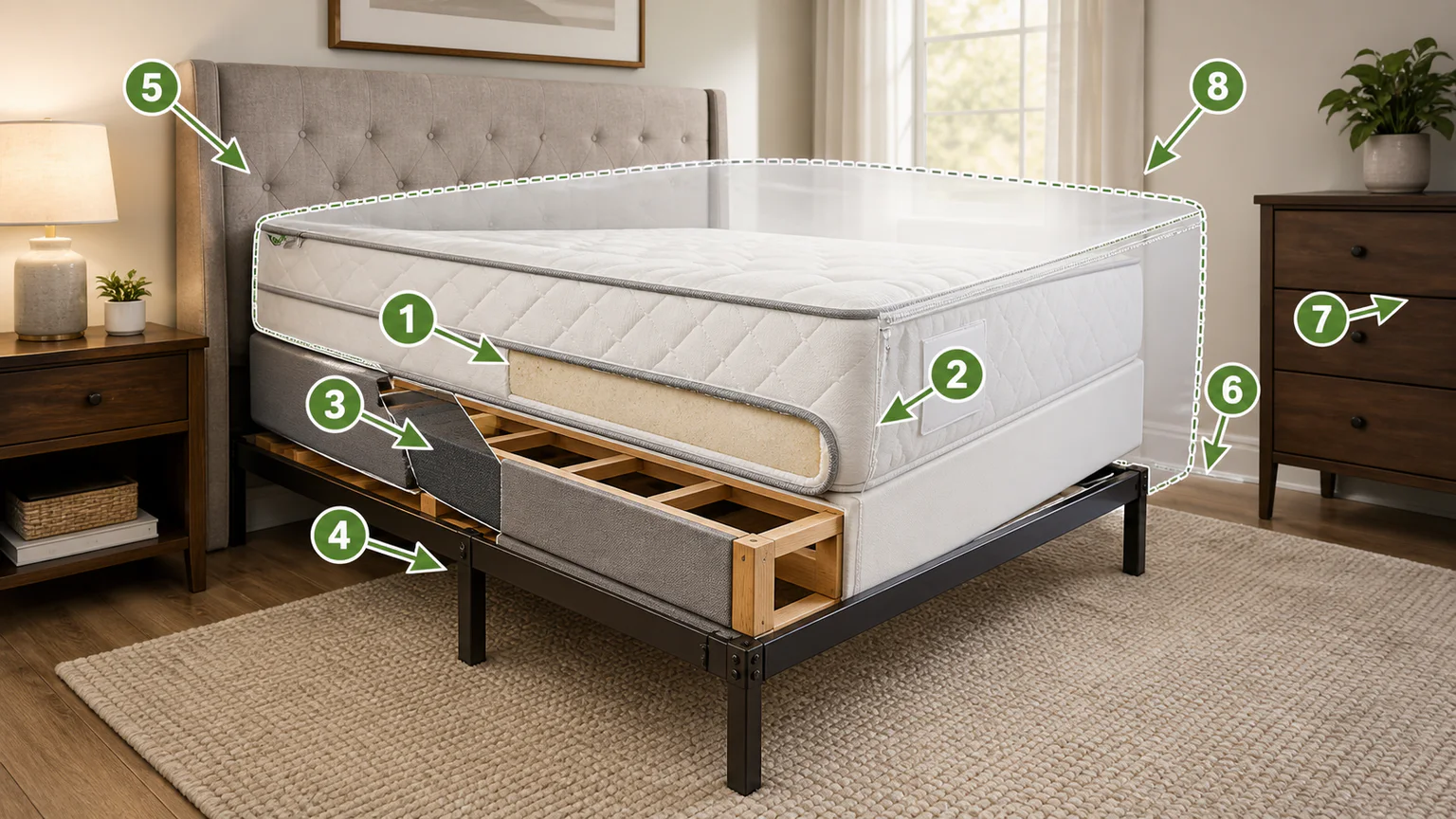 Bed and mattress diagram showing key inspection and treatment zones around seams, box spring, frame, and headboard.