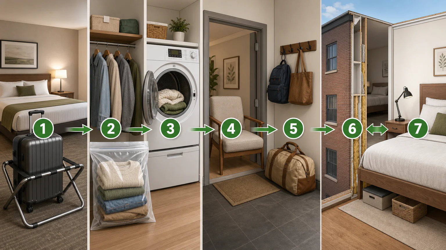 Diagram showing ways bed bugs can be transferred on luggage, clothing, furniture, and between nearby rooms.