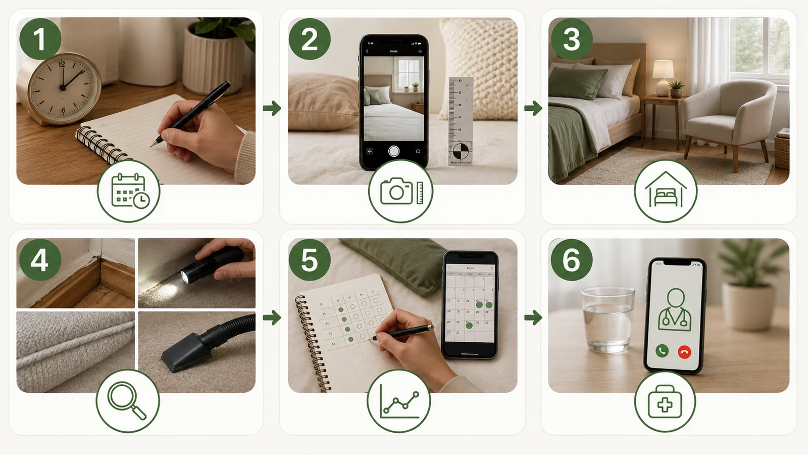 Six-step diagram showing how to document bite-like skin marks, record exposure context, inspect for independent evidence, monitor changes, and seek care when needed.