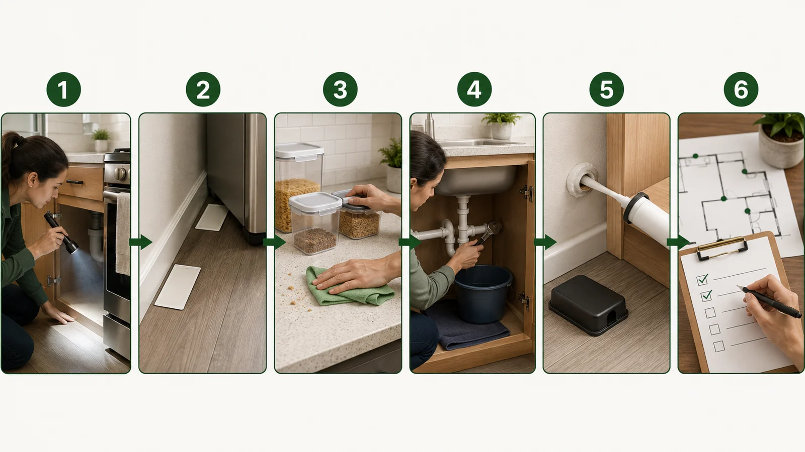 Sequência de seis passos com inspeção, monitorização, higiene, controlo da humidade, tratamento direcionado e acompanhamento de baratas.