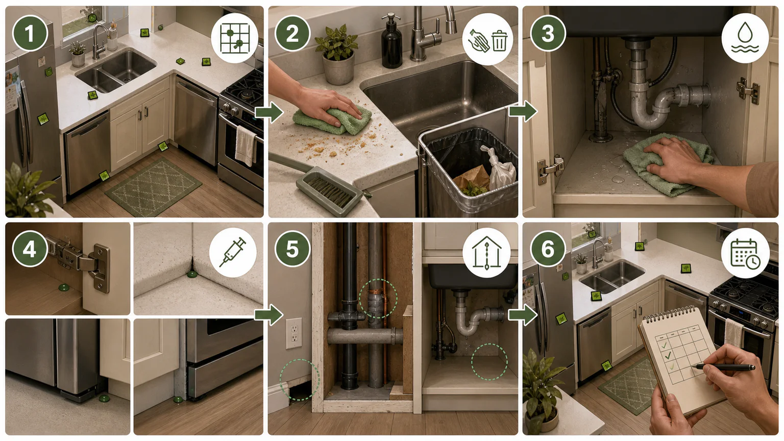 Diagram showing a kitchen cockroach treatment workflow using monitoring, cleaning, moisture control, bait placement, and follow-up.