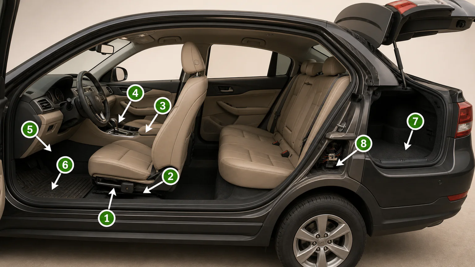 Vehicle diagram showing common areas to inspect for cockroach activity and food debris.