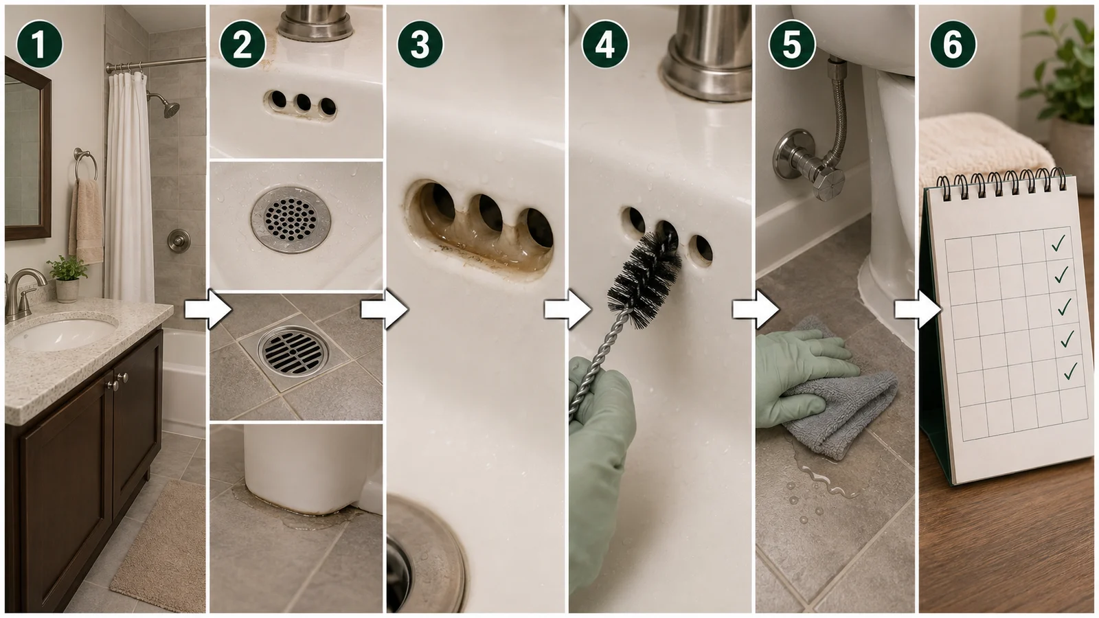 Six-step diagram showing how to inspect, confirm, clean, dry, and monitor a possible drain fly breeding source.