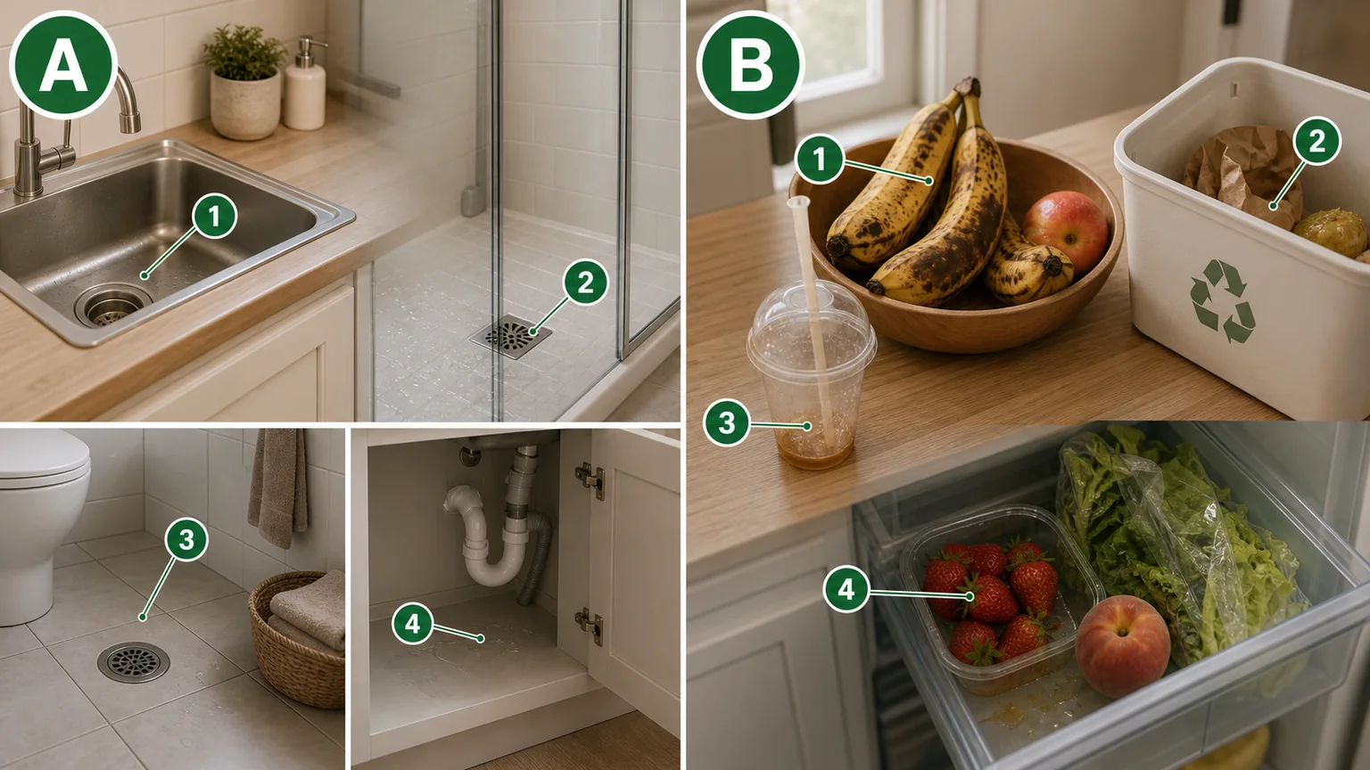 Comparison of common drain-fly and fruit-fly breeding sources in kitchens and bathrooms.