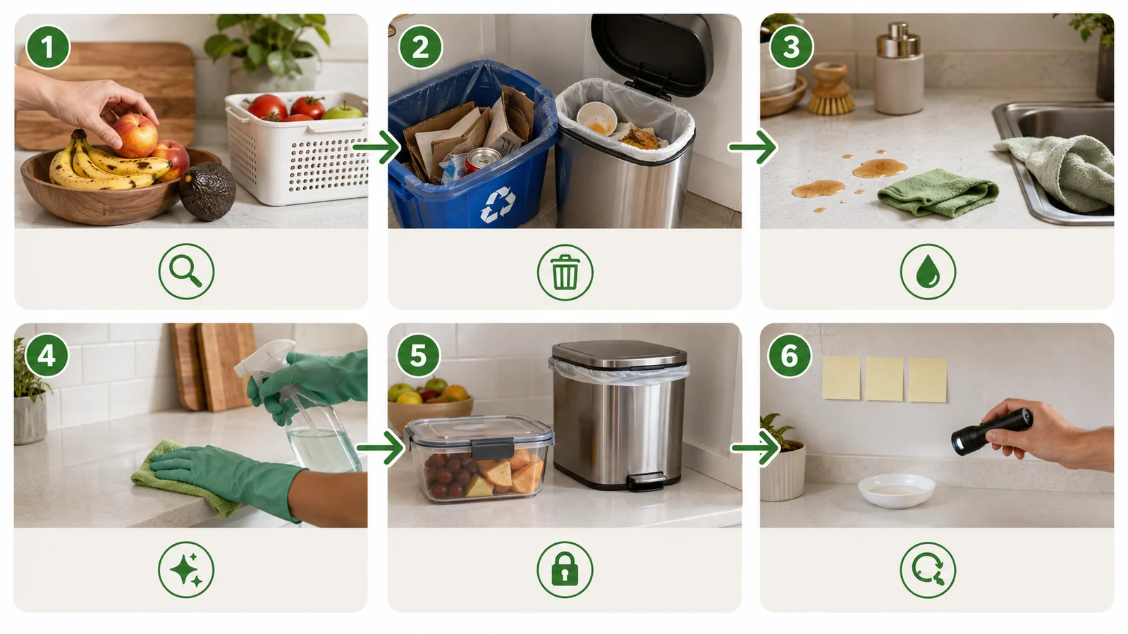 Six-step diagram showing how to inspect produce, waste, spills, and other organic sources before cleaning and monitoring for fruit flies.