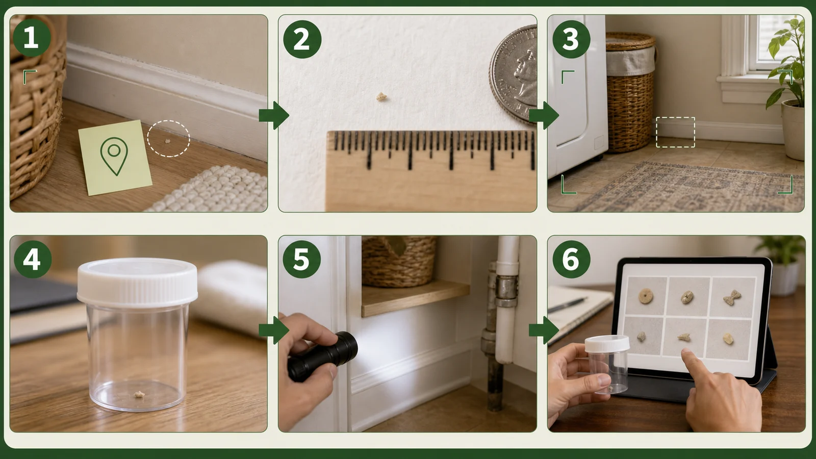 Six-step diagram showing how to document an unknown small household sign with location, scale, wider context, safe collection, nearby inspection, and verified comparison.
