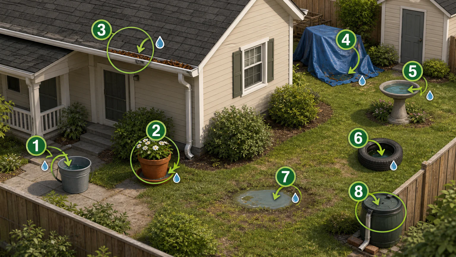 Yard diagram showing common standing-water locations that can support mosquito development.