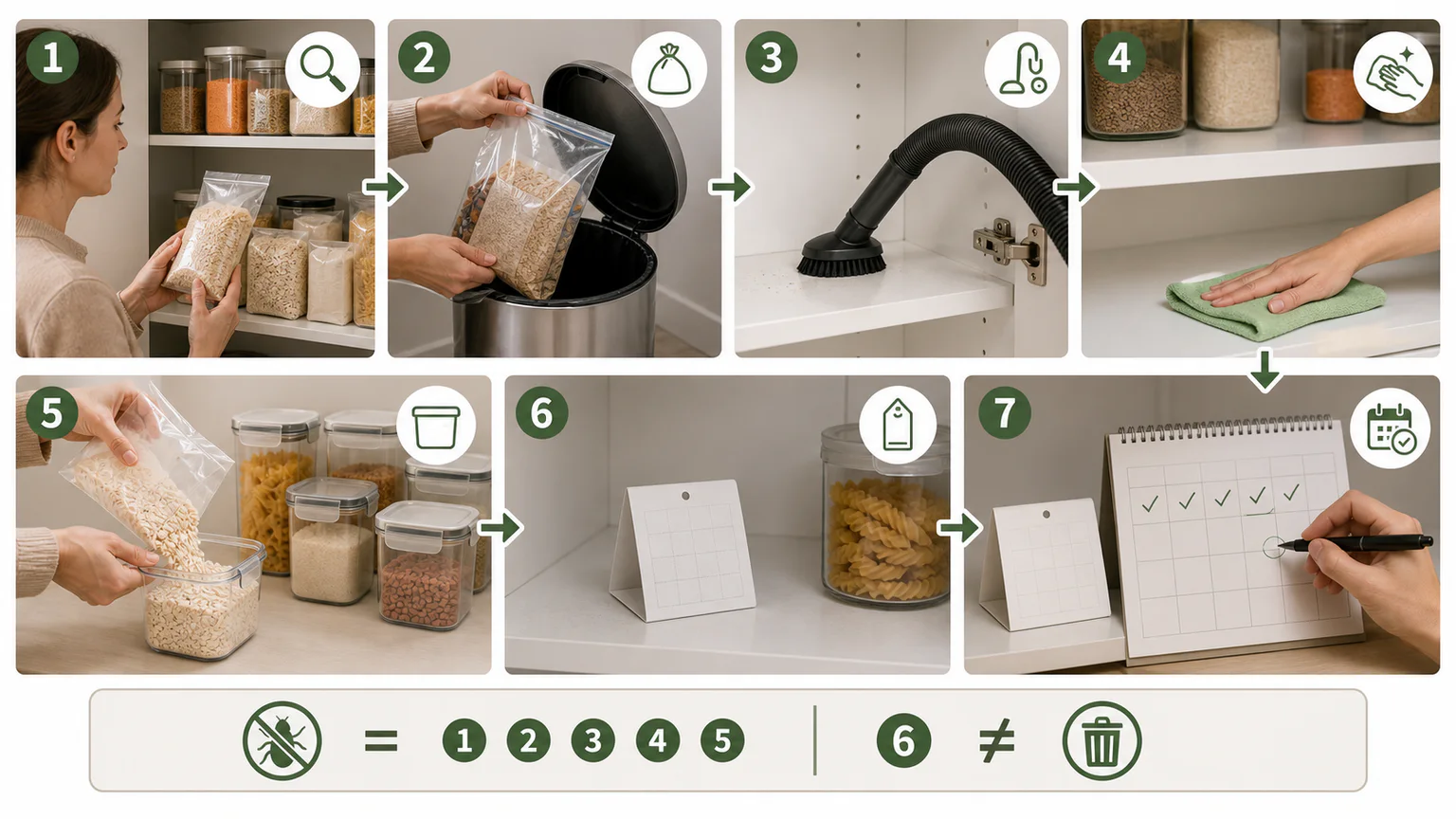Diagram showing pantry moth source removal, shelf cleaning, sealed food storage, trap monitoring, and follow-up inspection.