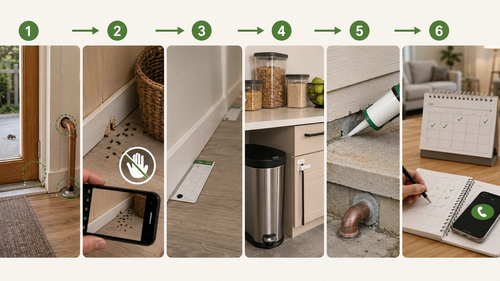 Six-step diagram showing inspection, documentation, monitoring, food protection, entry sealing, and follow-up for possible rodent activity.