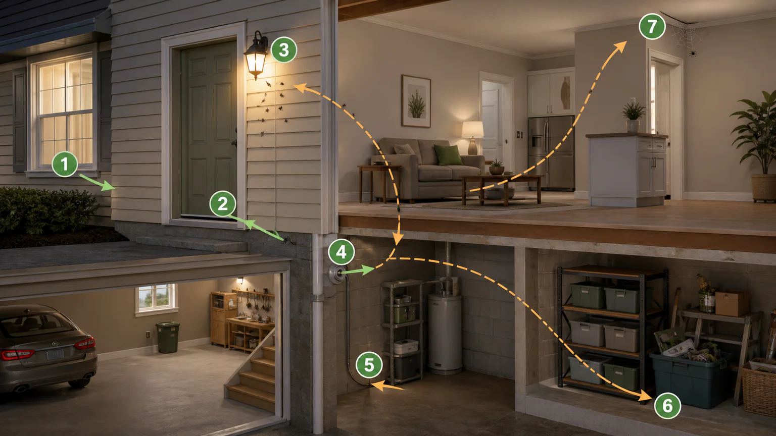 Diagram showing common indoor spider entry points, prey sources, and quiet web locations.