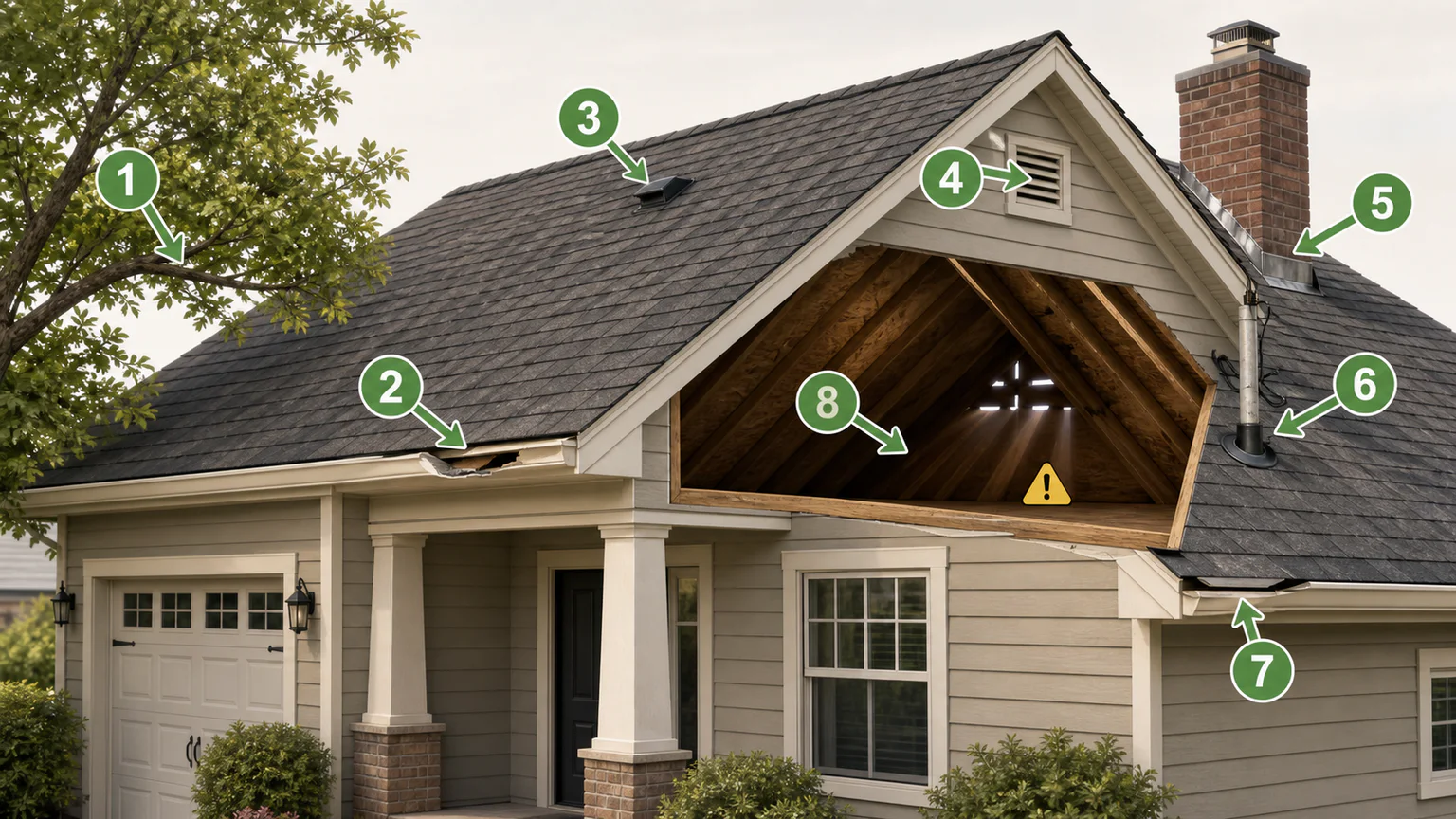 House diagram showing common squirrel access points around roof edges, soffits, vents, chimneys, and attic openings.