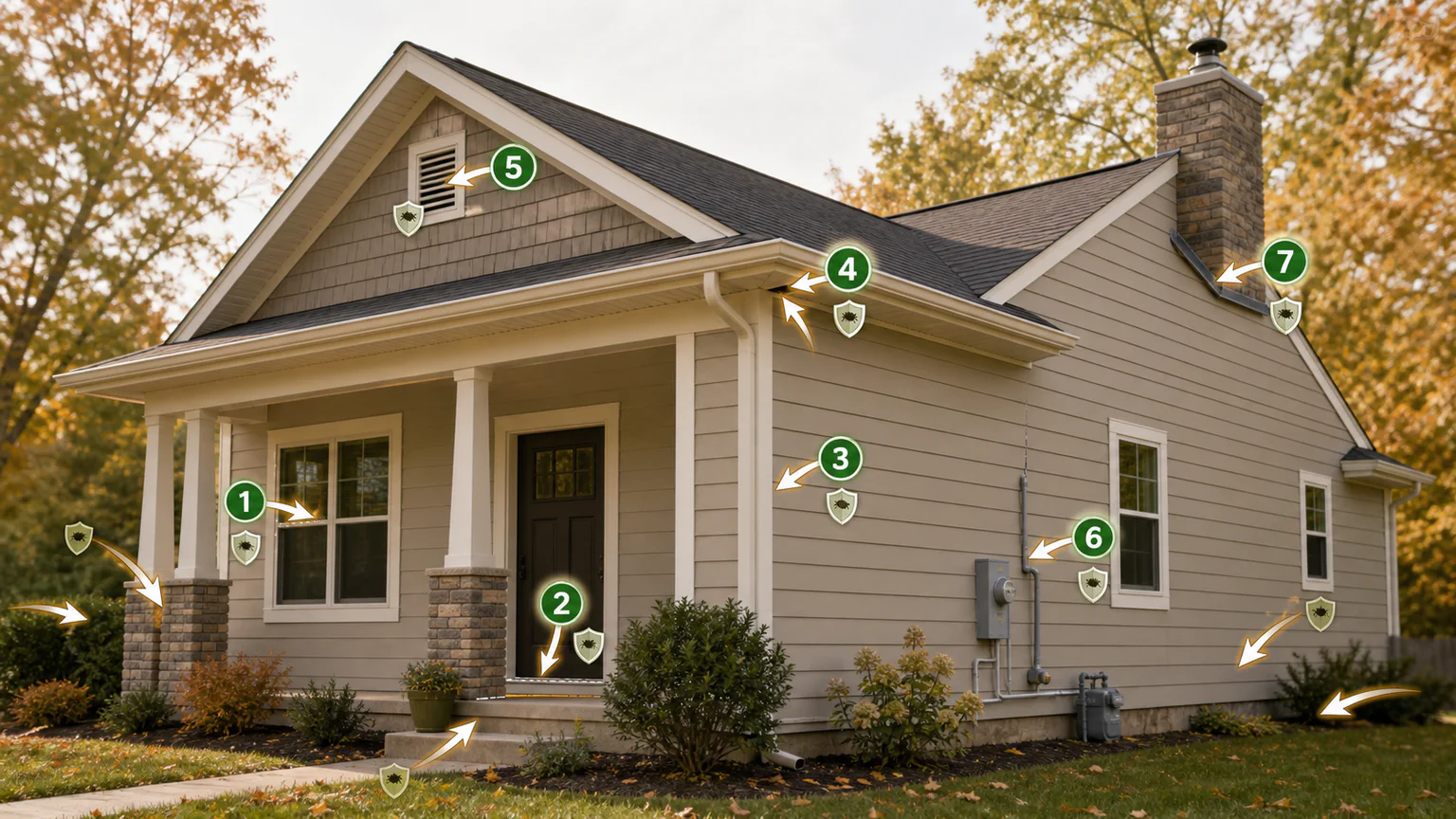 Diagram showing common fall entry points around windows, doors, siding, eaves, vents, and utility openings.