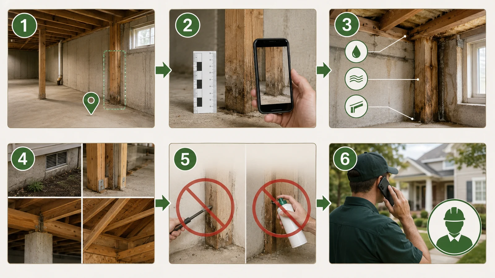 Six-step diagram showing how to document possible termite-related wood evidence, check moisture context, avoid unsafe treatment, and seek a qualified inspection.