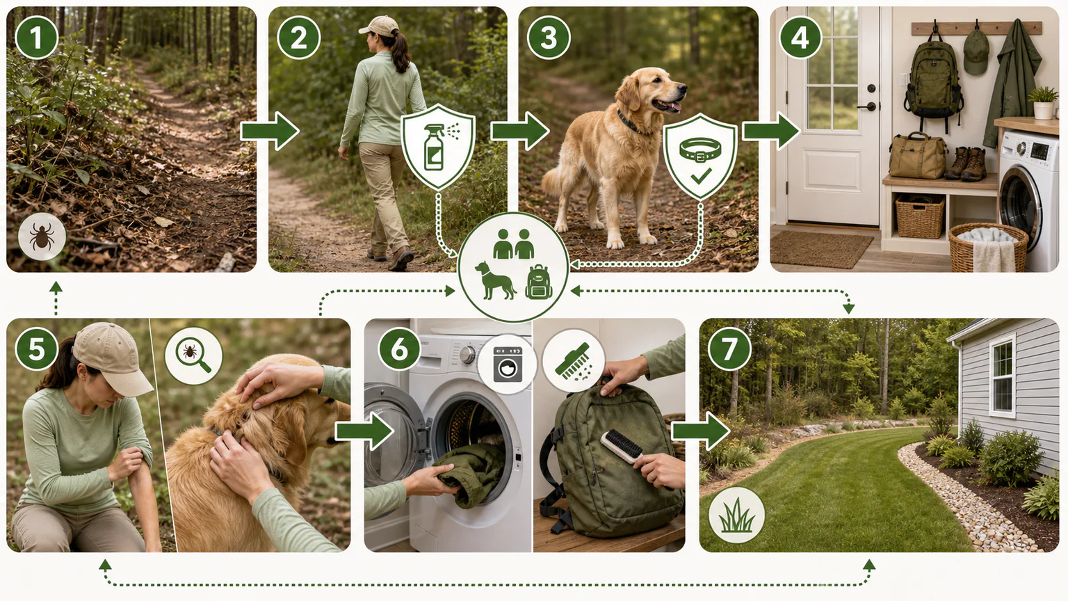 Diagram showing tick exposure pathways involving yard edges, people, pets, clothing, and outdoor gear.