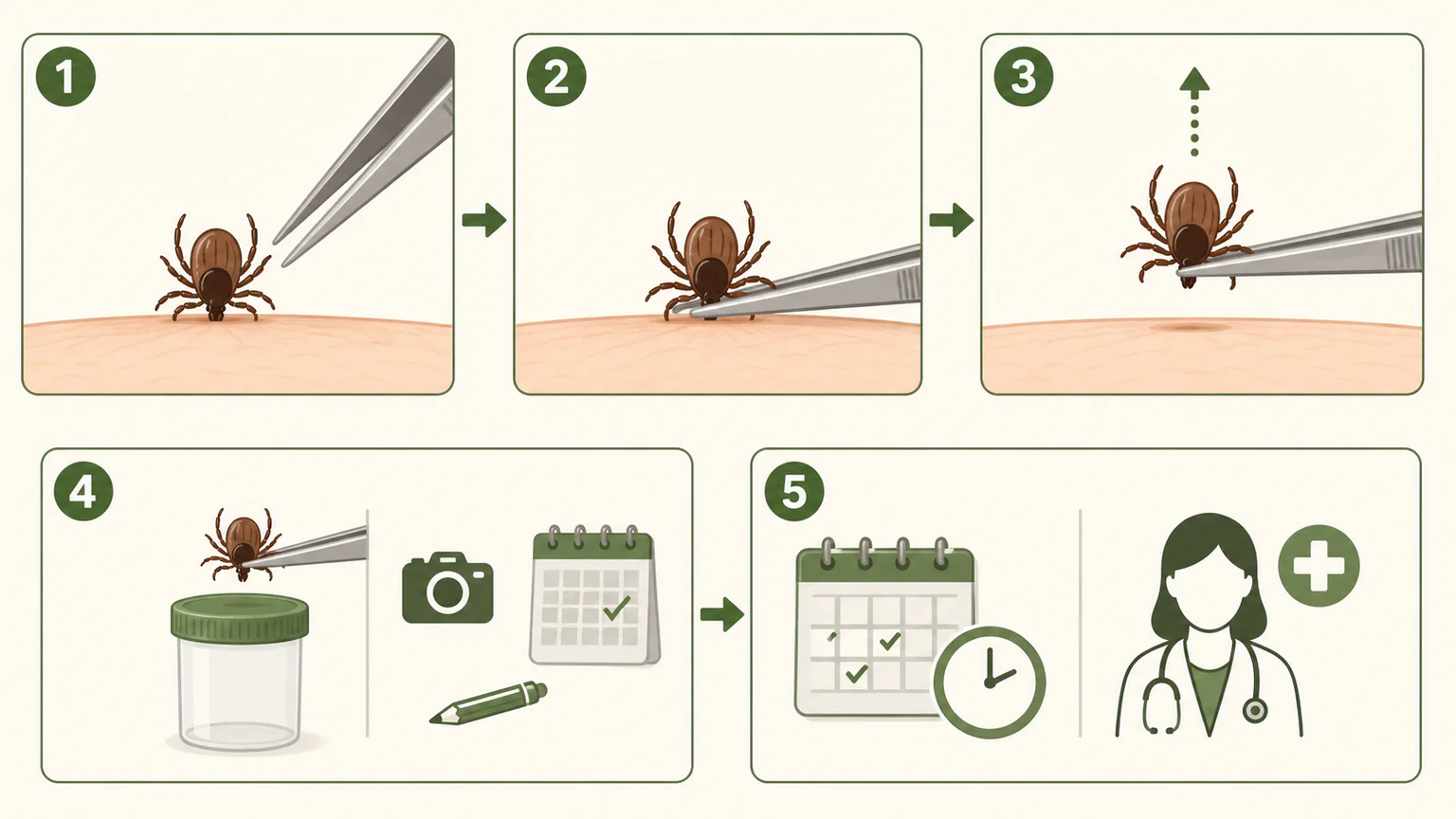 Sequence showing careful tick removal, documentation, and follow-up monitoring.