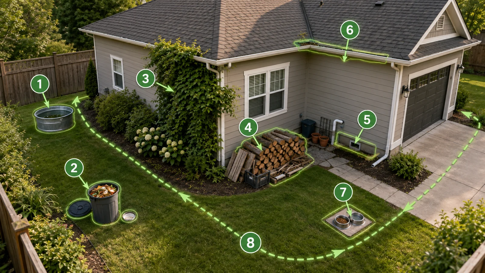 Numbered yard map showing standing water, waste, dense vegetation, wood piles, entry gaps, gutter moisture, pet food, and a perimeter inspection route.